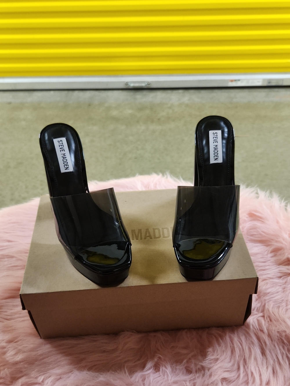 Steve Madden Black Clear Strap Platform Mules